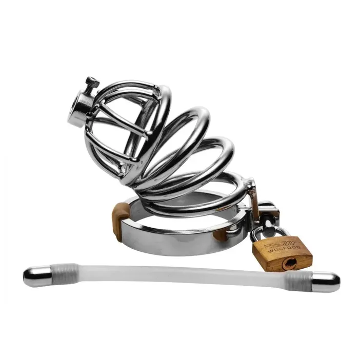 XR Brands Male Sex Toys Stainless Steel Chastity Cage with Silicone Urethral Plug XR Brands Male Sex Toys Stainless Steel Chastity Cage with Silicone Urethral Plug