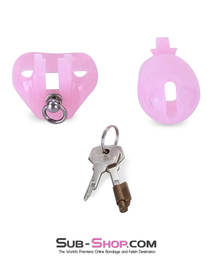 7141M Long Pink Cock Cage with Lead Ring and Medium Cock Cuff Ring Moonwell Male Sex Toys